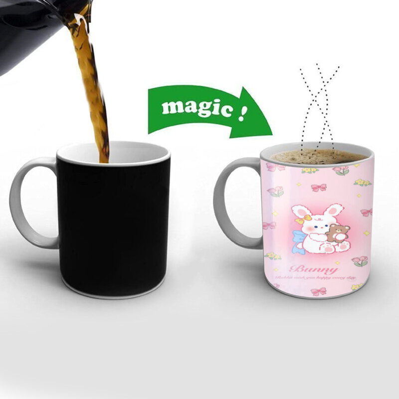 귀여운 토끼 만화 커피 머그잔, 색상 변경 차 컵, 우유 컵, 재미있는 선물