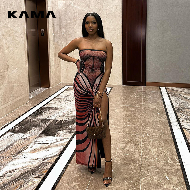 2024 New KAMA Women Vintage Butterfly Oil Painting Print Dresses Wrap Strapless High Split Dresses Prom Casual Gowns
