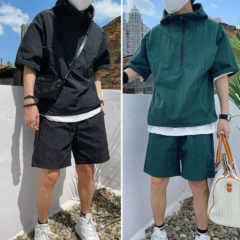 Workwear Inspired Men Outfit Men's Casual Hooded T-shirt Wide Leg Shorts Set Solid Color Loose Fit Outfit with Zipper for A