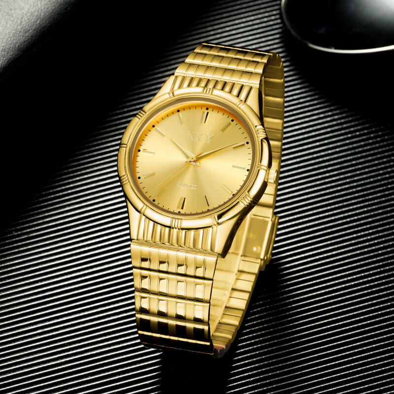 Jam tangan Quartz tahan air pria, arloji olahraga warna emas kasual mode kreatif baru, jam tangan Stainless Steel untuk pria
