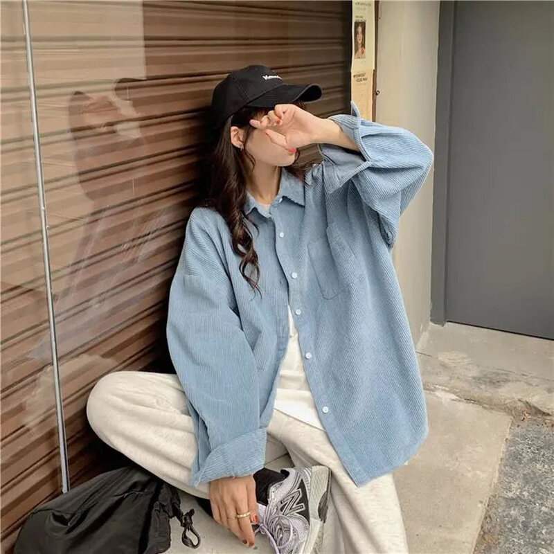 Camisa de pana Lisa coreana para mujer, Blusa de manga larga con bolsillos, botones, estilo Preppy, Verano