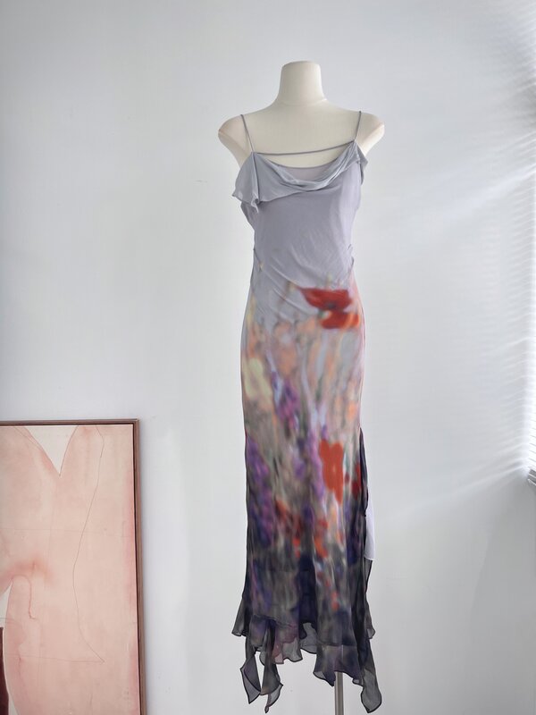 Women Halo Dyed Oil Painting Print Strapless Irregular Hem Long Dress