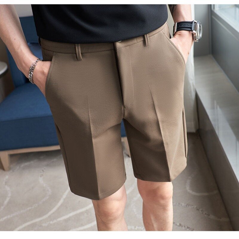 2024 New Trendy Summer Solid Color Pocket Men's Zipper Pleated Shorts Fashion Simple Versatile Casual Knee Length Straight Pants