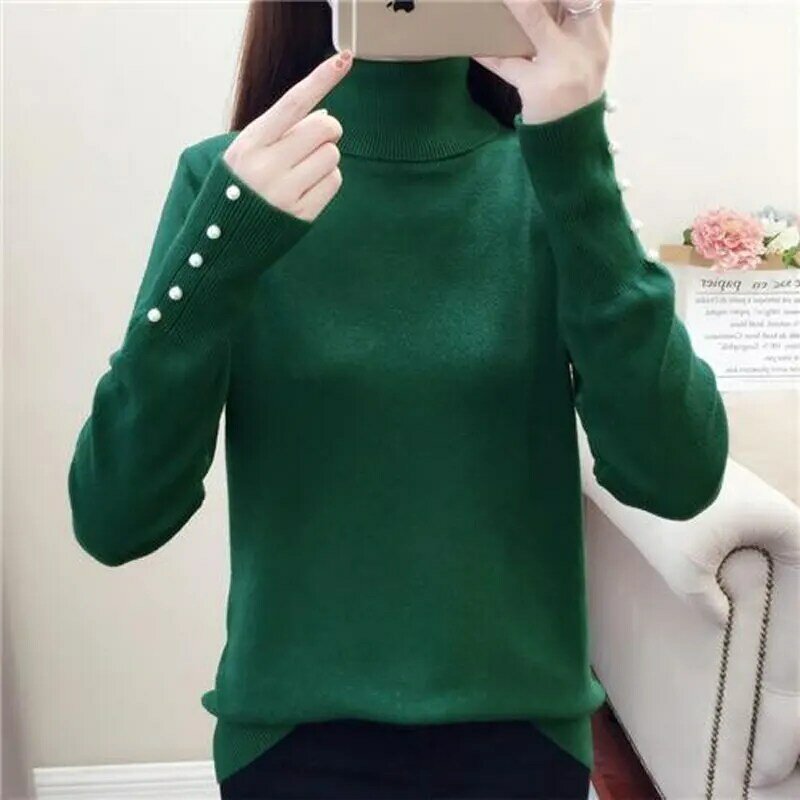 Basic Solid Color Straight Jumpers Female Clothing Casual Turtleneck 2023 Autumn Winter Commute Stylish Beading Knitted Sweaters
