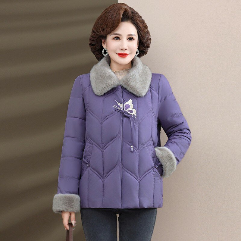 Куртки ParkasShort с вышивкой для женщин среднего возраста, Осень-зима, пальто с бархатным воротником из ягненка, хлопковое Женское пальто для мамы