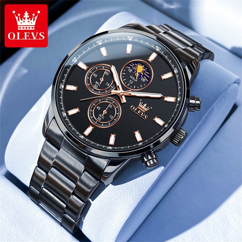 OLEVS Brand New moda chronograf ze stali nierdzewnej zegarek kwarcowy dla mężczyzn wodoodporny kalendarz fazy księżyca luksusowy męski zegarek na rękę