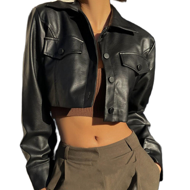 女性用フェイクレザージャケット、長袖、ボタンダウンコート、モノクロラペルクロップトップ、ブラックアウトウェア、ストリートスタイル、春と秋のファッション