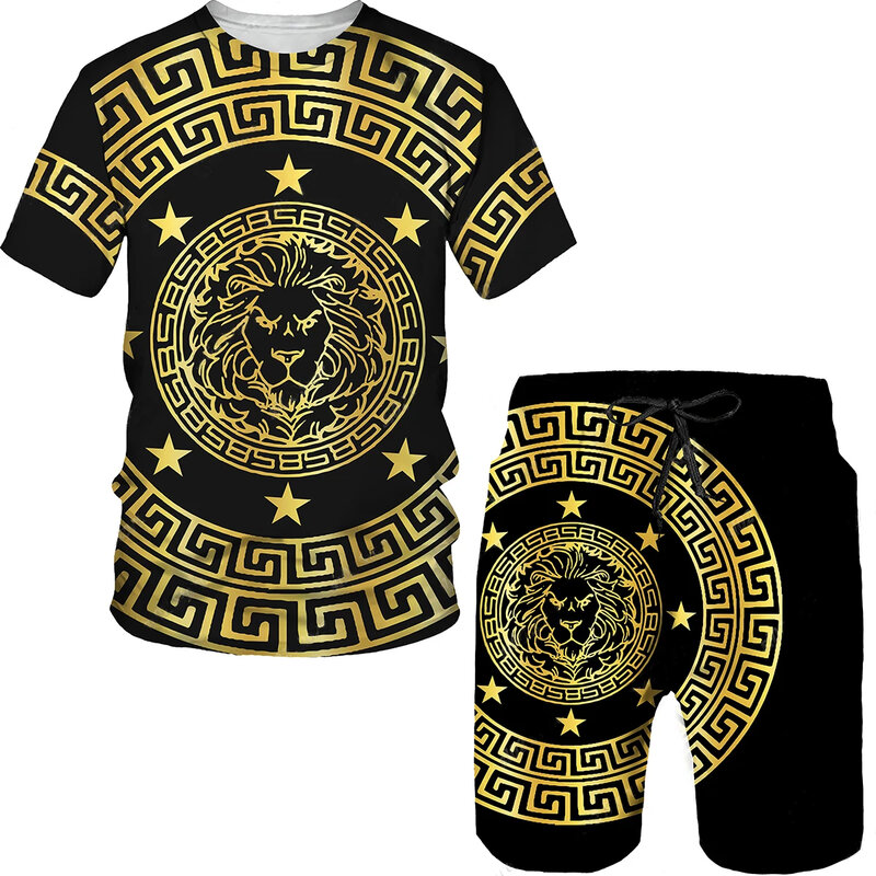 2024 Men's Simple T-shirt Set 3D Printed T-shirt Shorts Sportswear Fitness Sports Set Lion Head Sports Pants Men's