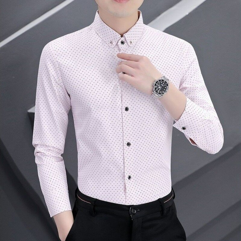 Spring Autumn Shirt Long Sleeved Slim Fit Anti Wrinkle Business Casual Top Men's Shirt Handsome Elastic Floral Large Size Shirt