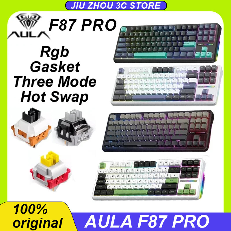 Aula-F87 Pro Teclado Mecânico Sem Fio, Tri Mode, USB, Bluetooth, 87 Chaves, Junta Hot Swap, RGB, Teclados Gaming, 2.4g