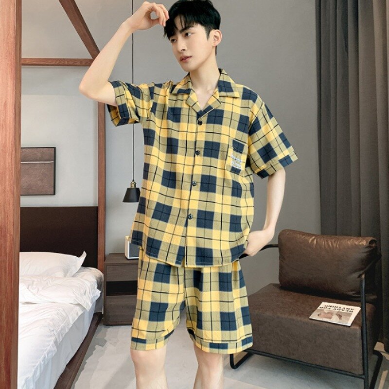 Комплект из 2 предметов, Хлопковая пижама для мужчин, летняя тонкая мягкая Домашняя одежда, короткий топ для сна, шорты, ночная одежда, мужская пижама