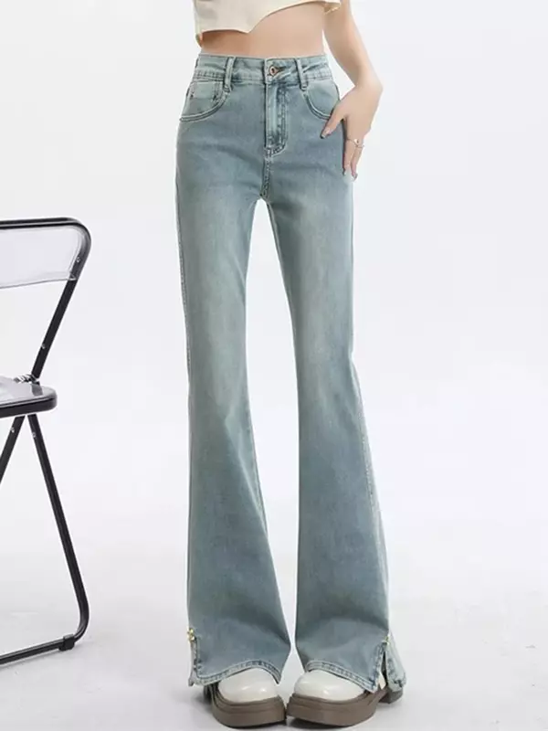 Jeans de primavera para mulheres, simples, azul claro, casual, cintura alta, magro, clássico, split, vintage, flare básico, moda de rua
