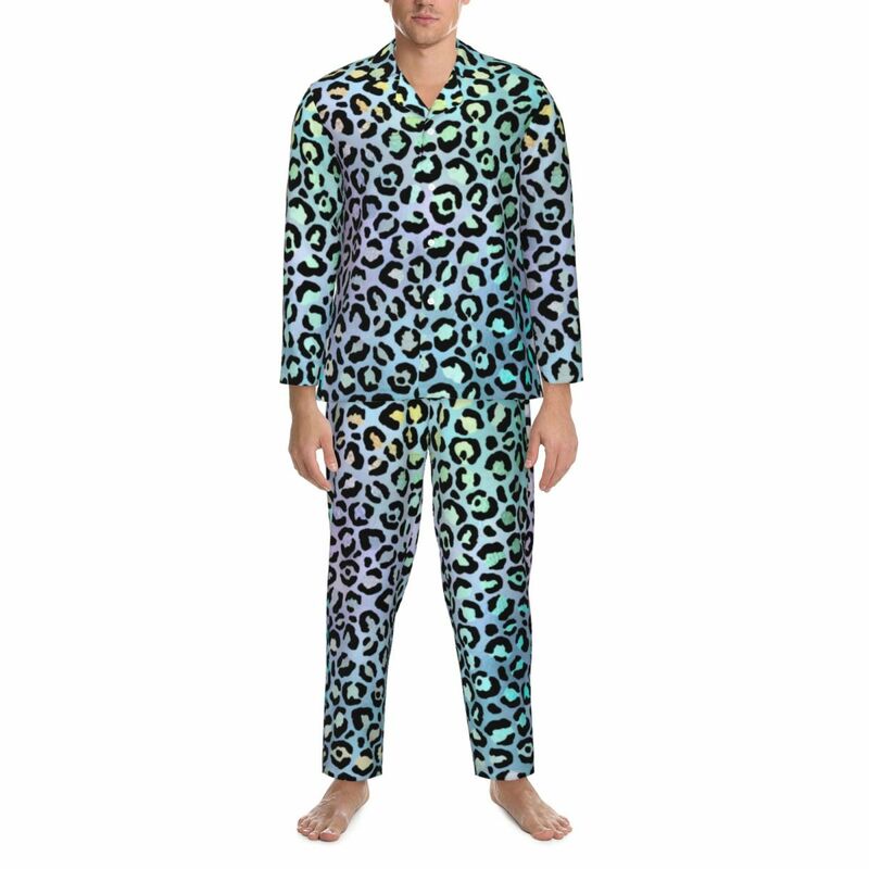 Pyjama imprimé animal arc-en-ciel et léopard pour homme, vêtements de nuit doux pour la maison, ensembles de pyjama graphiques, mignon et décontracté, printemps, 2 pièces