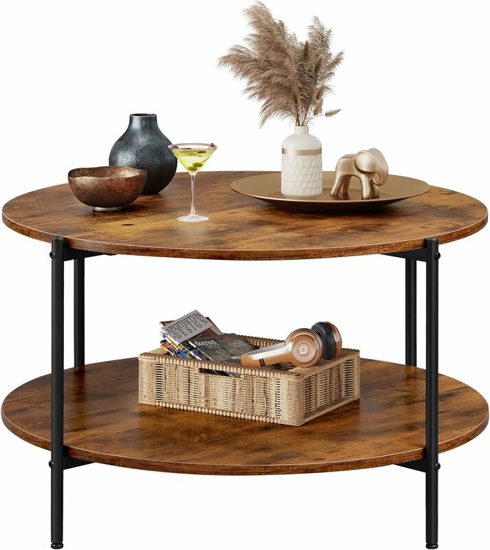 Tavolino rotondo, tavolino da soggiorno con ripiano a 2 livelli, tavolino moderno in legno da 32 pollici con struttura in metallo e Desktop in legno