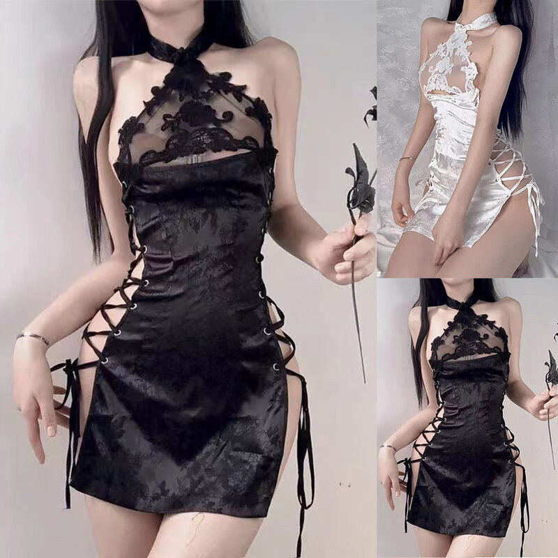 Women Sexy Lace Nightdress Cheongsam Cosplay Lingerie Chinese Bellyband Strap Nightwear Hollow Split Dress Seduction Erotic Wear