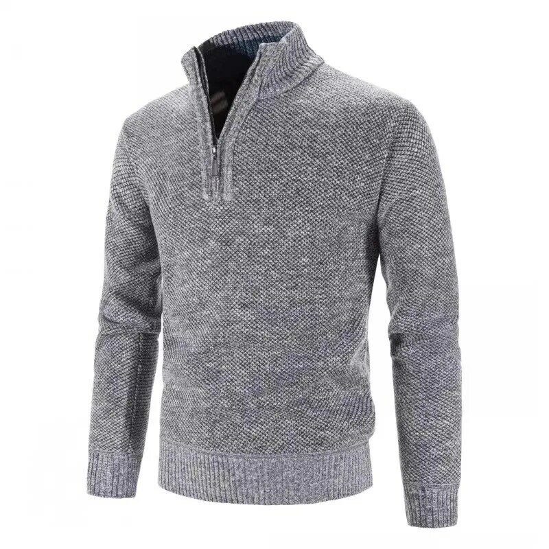 Autumn Winter Thick Knitted Sweater Men Pullovers Solid Color Zipper Mock Neck Slim Fit Knit Pullovers Men Causal Sweater Man