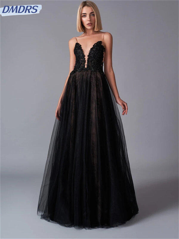 Gaun panjang lantai Motif renda klasik gaun pengantin leher V rendah seksi 2024 gaun pesta sederhana Vestidos De Novia