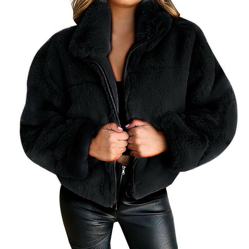 Casaco de pelúcia feminina com zíper de coelho de gola alta, casaco de pelúcia, outono, inverno, novo, 2023