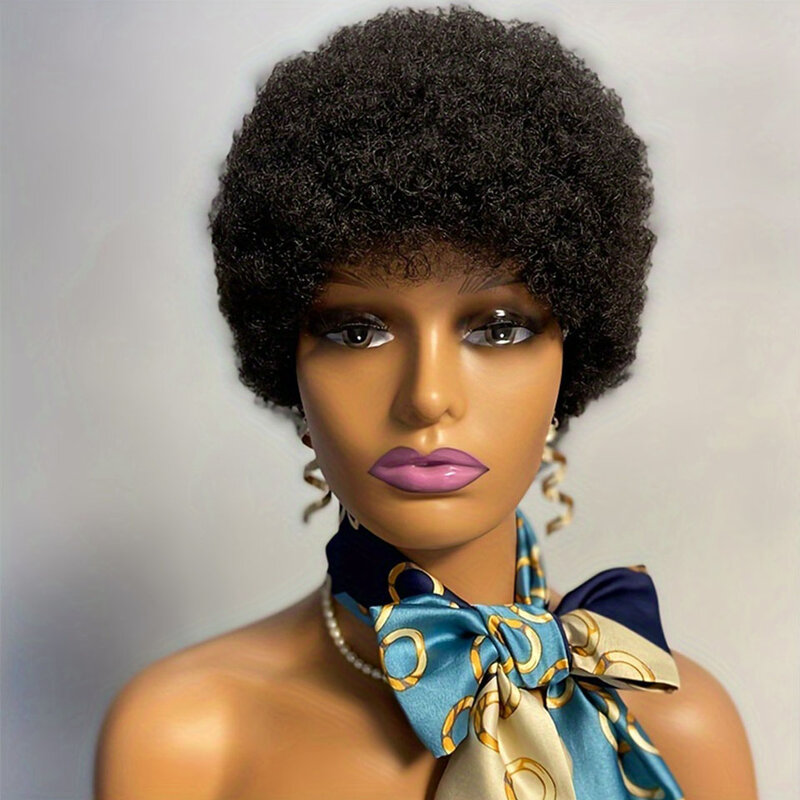 Bezklejowe peruka z naturalnych krótkich włosów dla kobiet brazylijskie Afro peruka z kręconych włosów typu Kinky nosić i Go 6-calowe peruki do maszyn do włosów Remy