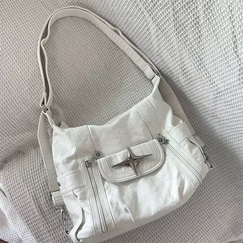 Xiuya Y2k Large Capacity Shoulder Bag White Pu Leather Cross Handbag American Style Punk Goth Fashion Simple Designer Handbag