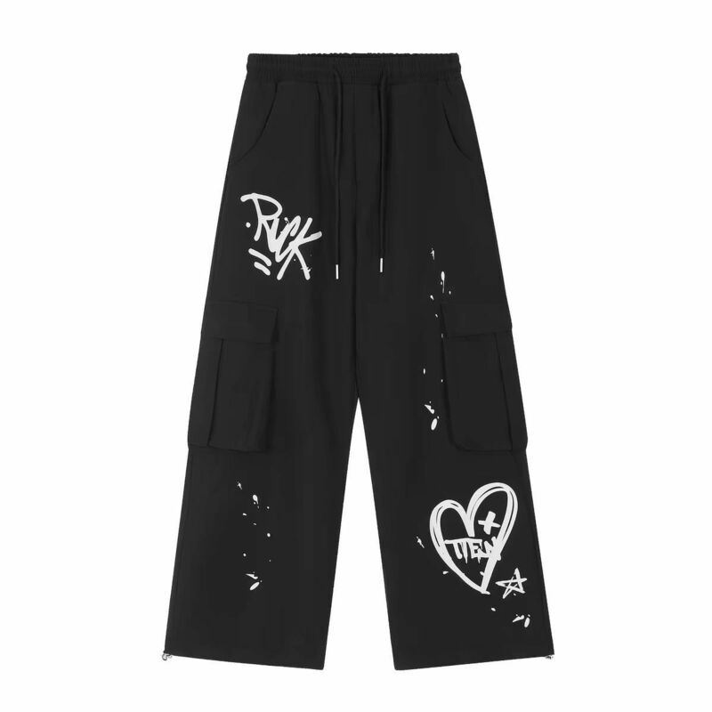 Dopamine Black Retro Cargo Pants Women's Clothes 2024 Spring Autumn Graffiti Loose Straight Casual Wide Leg Trousers Streetwear