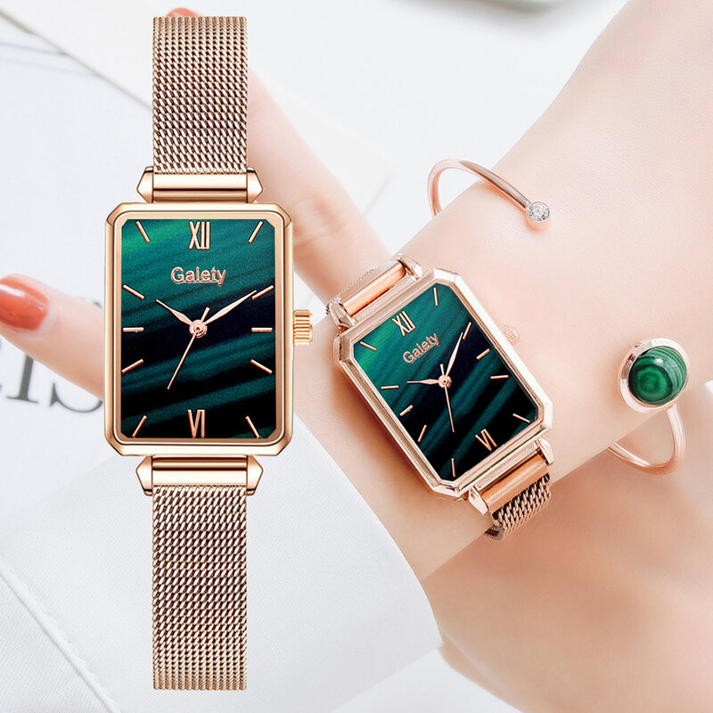 สีเขียว Dial ผู้หญิงนาฬิกาผู้หญิง Classic Square Ladies ควอตซ์นาฬิกาผู้หญิงชุดสร้อยข้อมือทองคำสีกุหลาบตาข่ายแฟชั่นผู้หญิงนาฬิกา XFCS