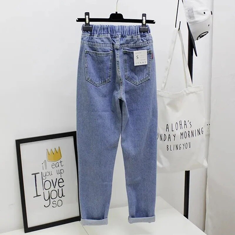 Calça jeans folgada casual vintage feminina, cintura alta, comprimento do tornozelo, jeans harém, calça coreana com renda para cima, calça reta, nova