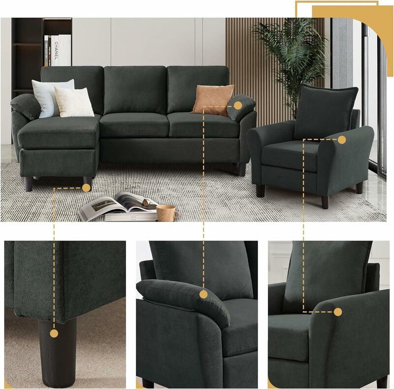 L Shaped sofá secional conversível, 3 assentos, pequeno sofá secional, chaise reversível, modernos sofás de linho, 79"