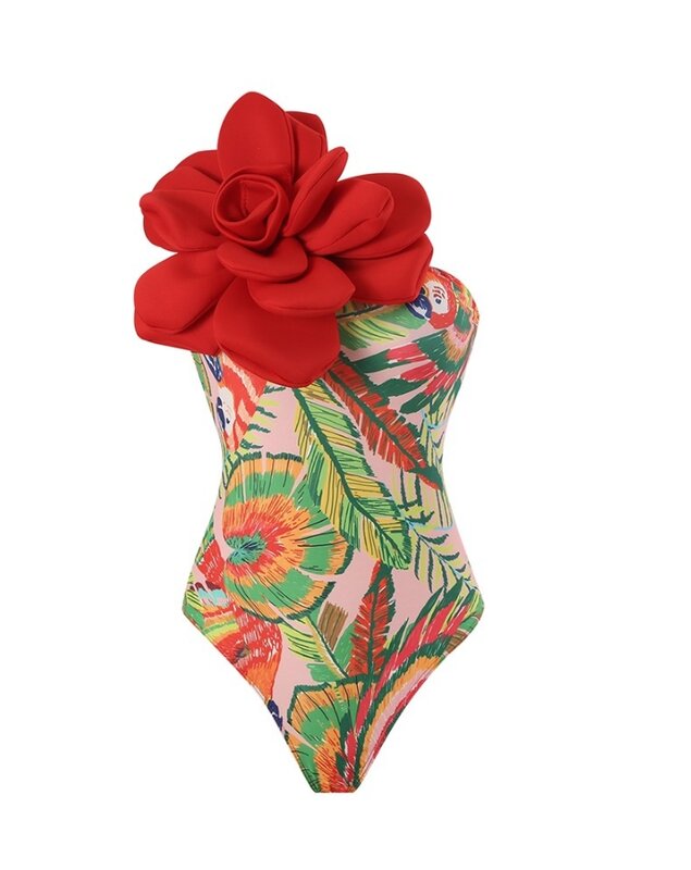 Women Sexy Floral Detail Tropical Print Chiffon Wireless Bra One Shoulder Sleeveless Bodysuit Swimsuit With Tied Detail Cover Up
