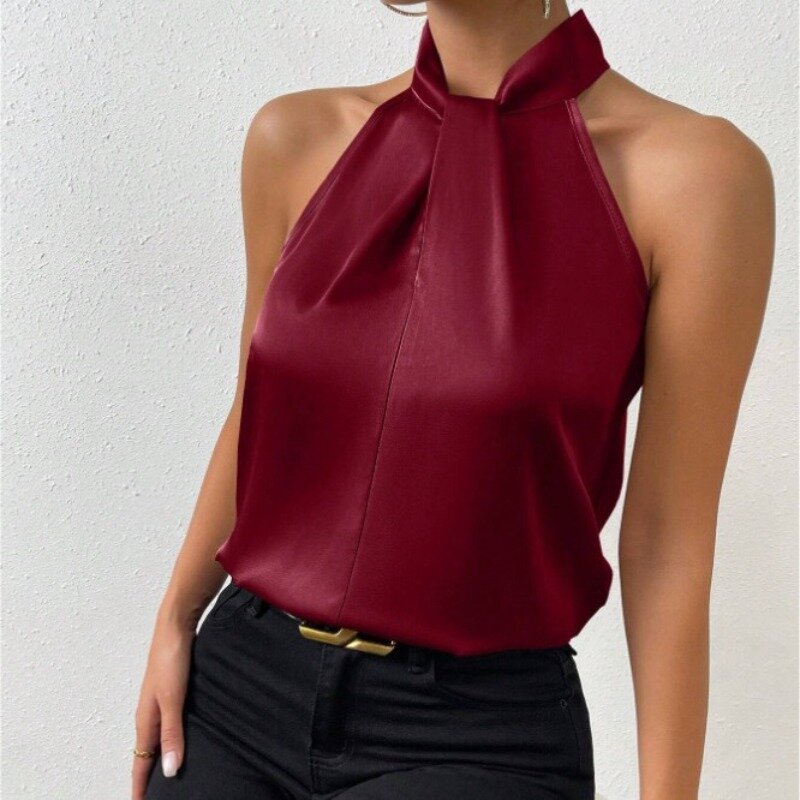 2024 Summer Fashion Sleeveless Vest Women's Halter Neck Top Fashion Satin Silk Temperament Casual Business Clothing for Ladies