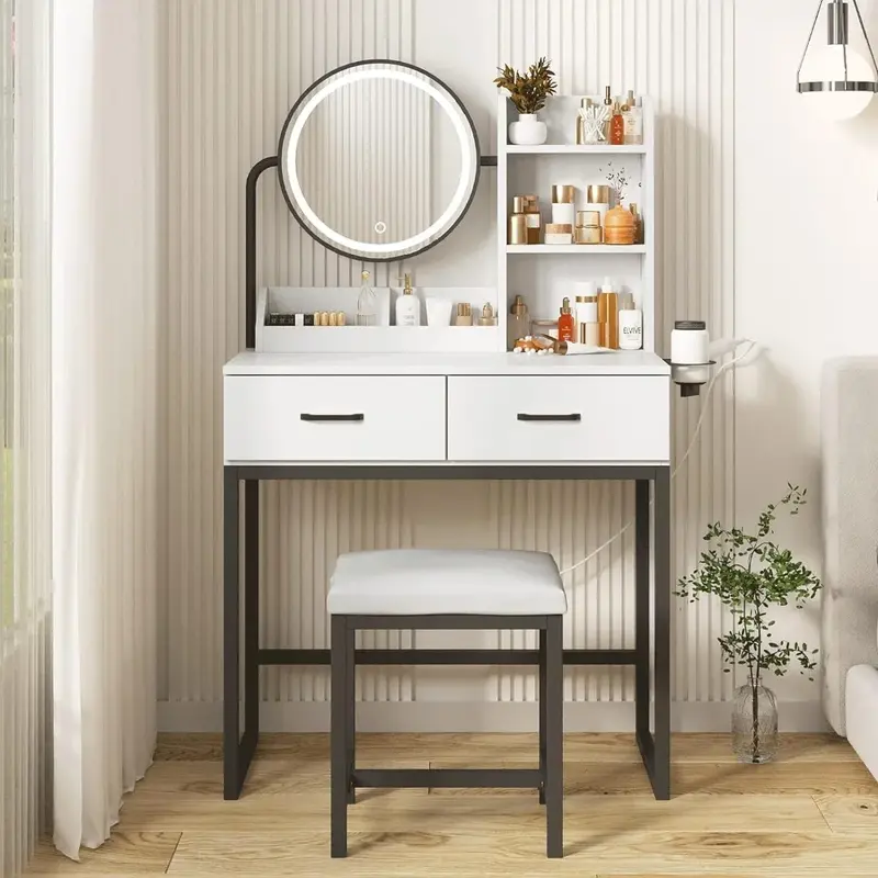 Muebles de lujo para el hogar, tocador de mesa de maquillaje con espejo y luces, 3 modos de iluminación, muebles de tocador, 31 pulgadas (L)
