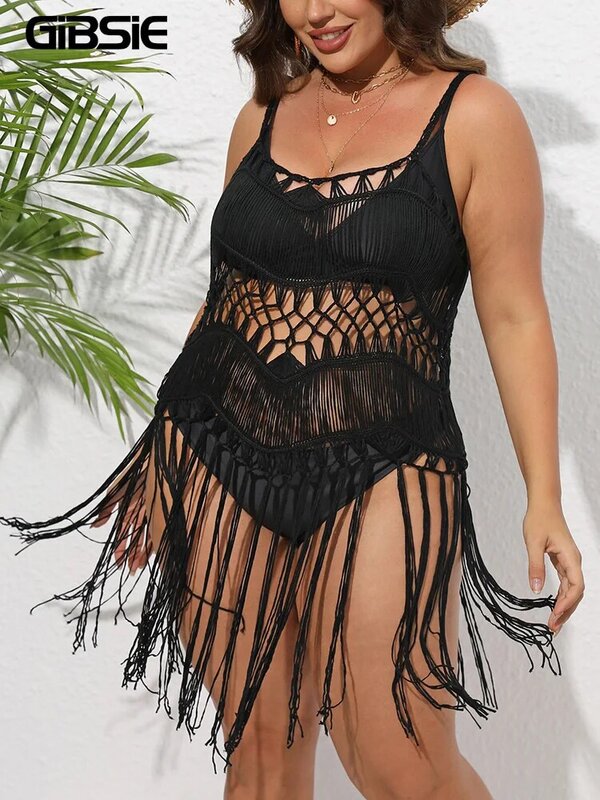 GIBSIE Plus Size Black Hollow out Fringe Hem Bikini Cover Up Women Boho Spaghetti Strap Beachwear Summer Swimsuit Cover-ups 2024