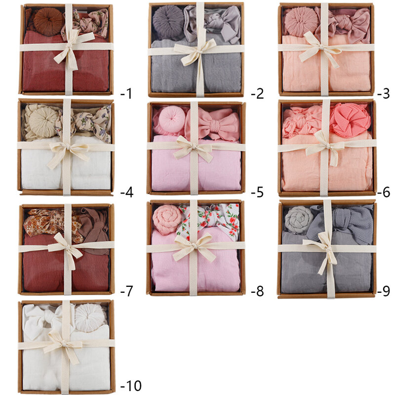 3Pcs/Set Bamboo Muslin Cotton Baby Hat Receiving Blanket Infant Kids Headbands Swaddle Bath Sleeping Bed Cover Accessories