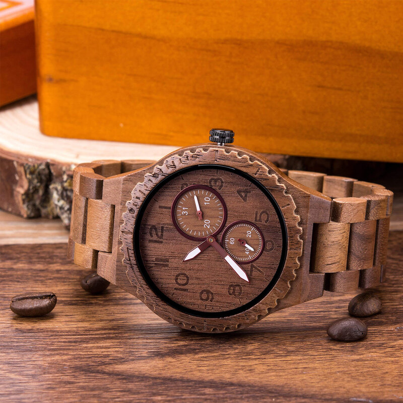 Relojes de madera para hombre, reloj de pulsera de cuarzo analógico con fecha, artesanía Retro, ligero