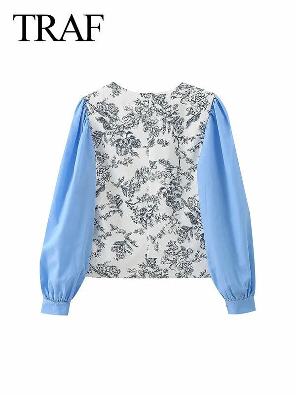 TRAF-Camisa feminina de manga comprida com decote em v, tops de peito único, camisa retrô de rua, verão elegante, 2024