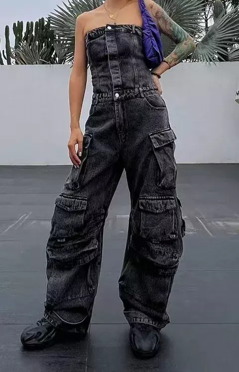 Streetwear Denim Jumpsuits For Women Strapless Sleeveless Off Shoulder High Waist Cargo Pants Y2K Style Jumpsuit Female