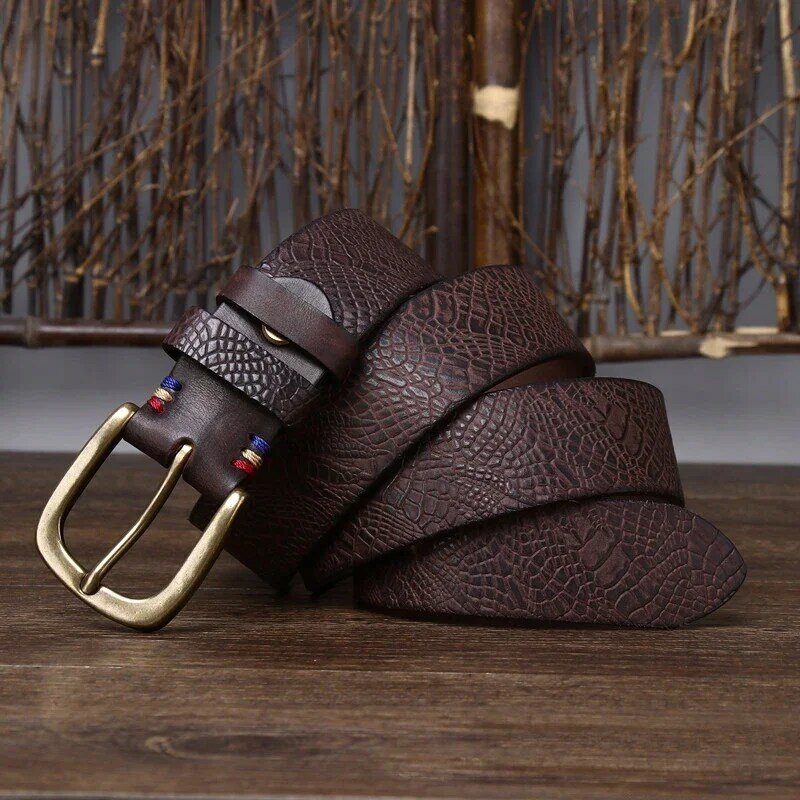 3.8CM Solid Copper Pin Buckle Belt Male Serpentine Belts Cowskin Male Snakeskin Grain Belt Fashion Genuine Leather Jeans Belts