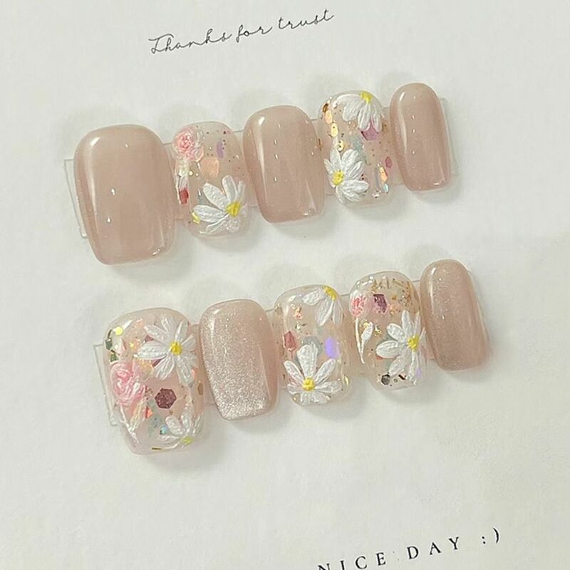 24pcs/box Short Ballerina Fake Nails French Butterfly Flowers Nails Full Cover Press on Nails Detachable Artificial Fingernail