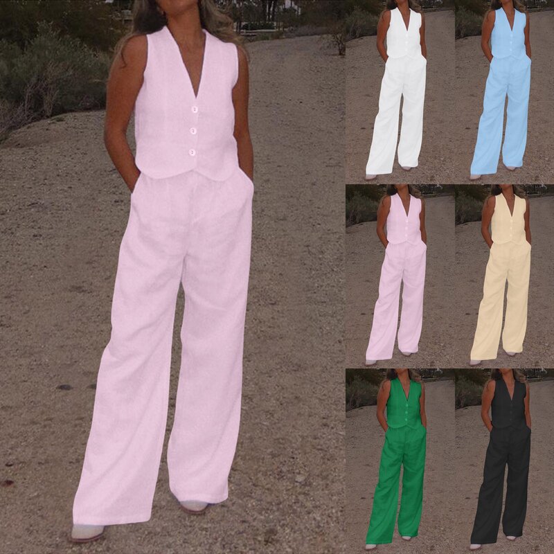 Summer Womem Chic Cotton Vest Pants Suit Two-Piece Set 2024 Office Ladies Wide Leg Trousers Sets Womens Outfits New