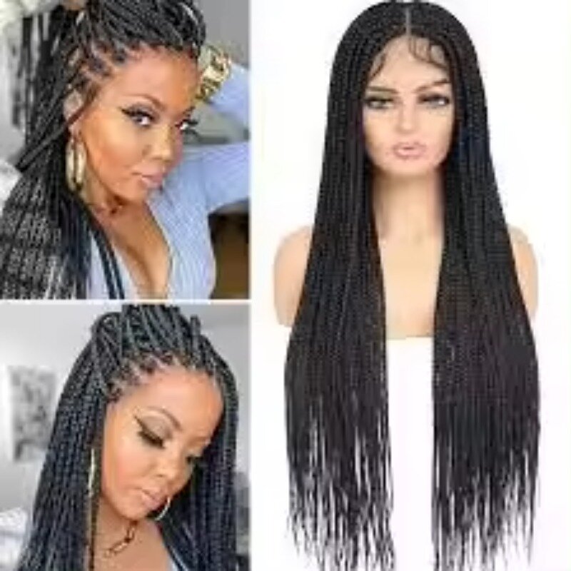 Wig kepang hitam renda depan 32 "untuk wanita Afrika Wig rambut kepang sintetis dengan Babyhair jalinan panjang serat tahan panas