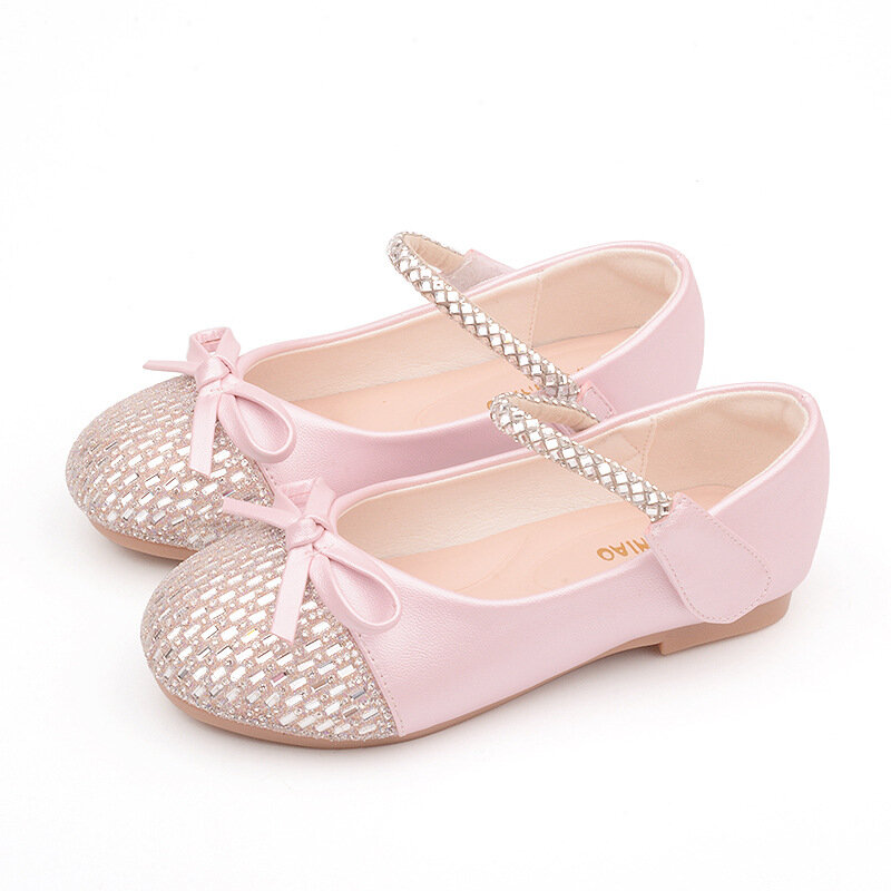 Sepatu Princess anak perempuan, sepatu kulit sol lembut pantofel pita modis baru musim gugur 2024musim gugur dengan berlian