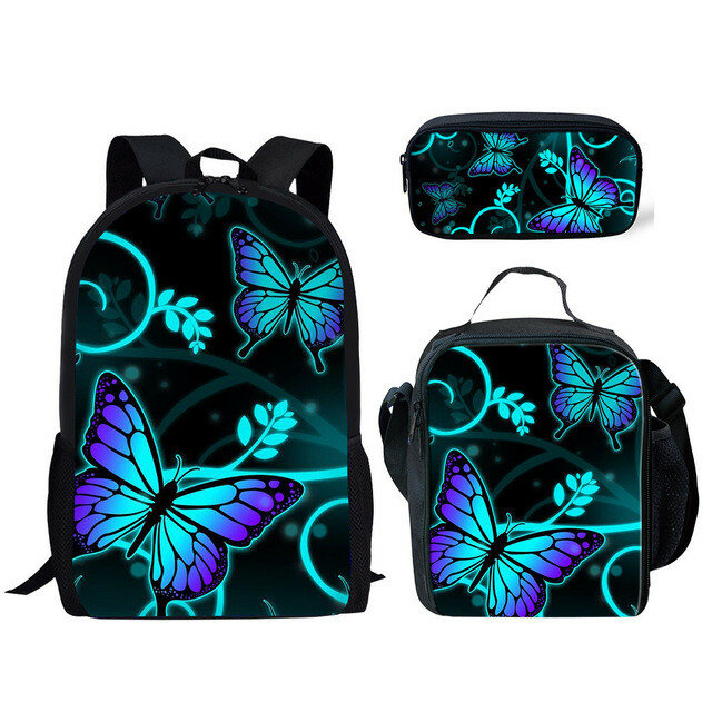 Klasyczna kreatywna piękna motyl 3D nadruk 3 sztuk/zestaw szkolne torby mała torba na laptopa plecak piórnik torba na Lunch