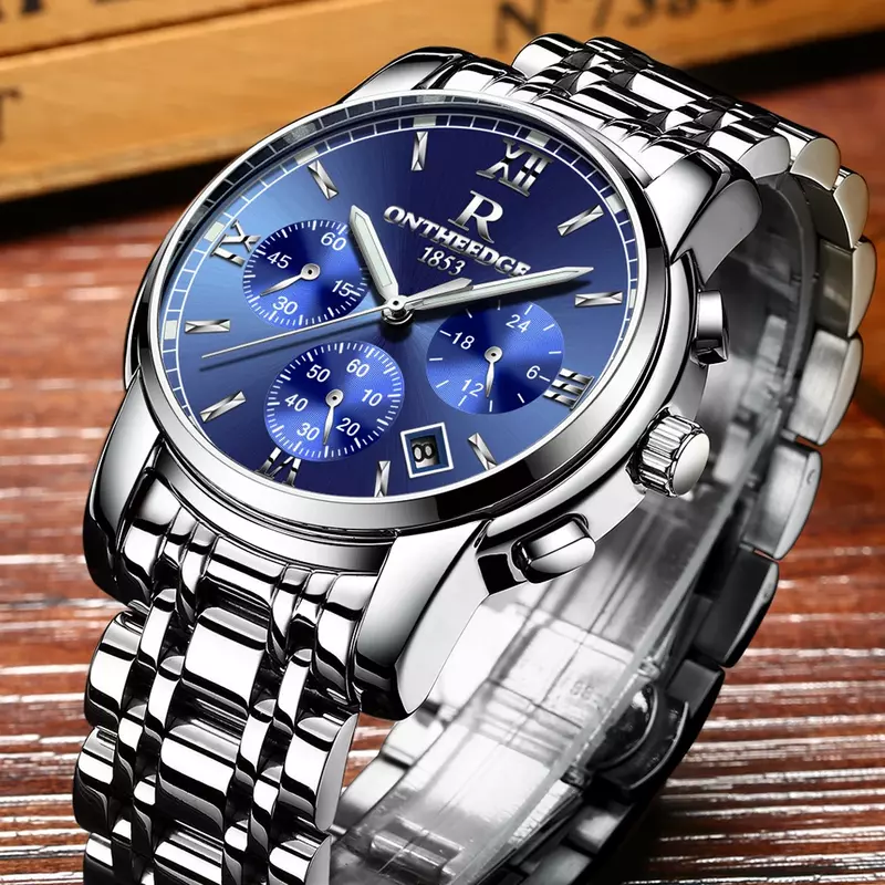 ONtheedge-Relógios masculinos de luxo de aço inoxidável completo, quartzo, relógio masculino, cronógrafo, moda