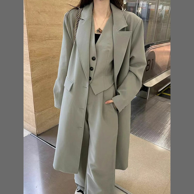 2-A5 Loose high-end suit for women in autumn big-name solid color single-breasted ide-leg pants three-piece set women's coat wi