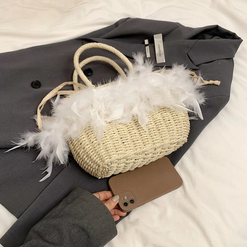 Bohemian Straw Bag Raffia Ratten Handmade bolsa feminina Fashion Feathers Woven Handbag Top Handle Basket Beach Shopper Bag 2024
