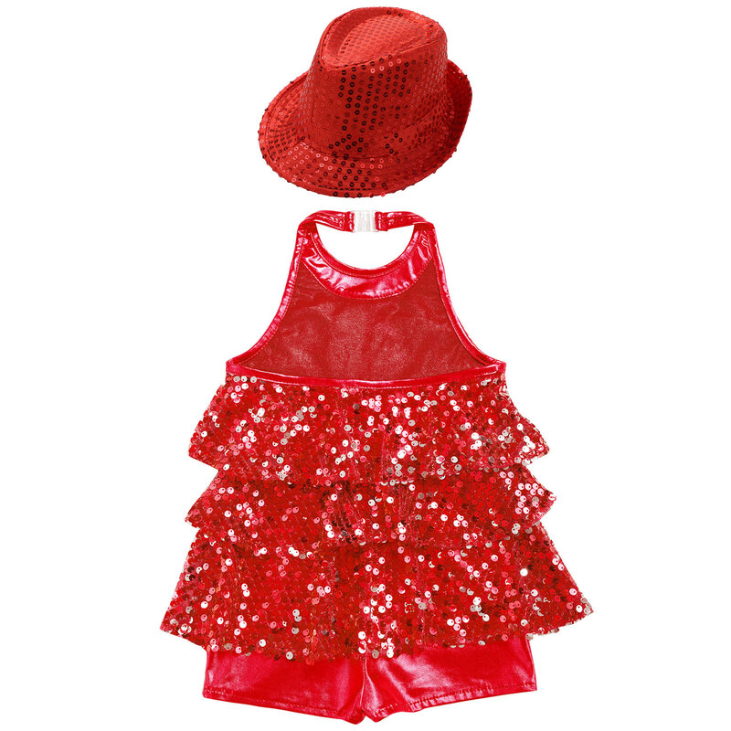 Vestido infantil de collant de lantejoula, macacão de cabeçada com chapéu, ginástica de balé e latina Cha-Cha-Cha-Cha-Cha, dança jazz