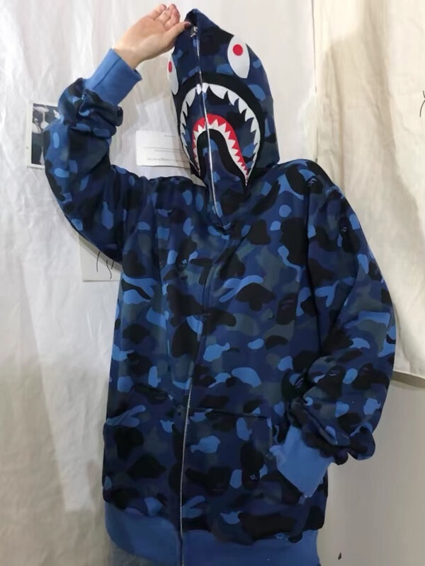 Shark Camouflage Zip Up Hoodie New Y2K Fashion Printed Shark Head Oversized Zipper Hooded Sweatshirt Punk Rock Jacket Streetwear