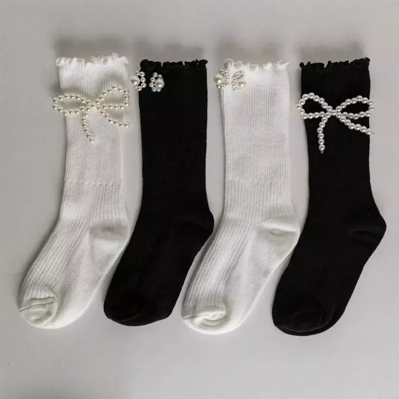 1 Pair Calf Sock for Baby Girls Cute Japanese Pearl Children Girls Over Calf Sock Spring  Autumn Ruffle Princess Lolita Sock