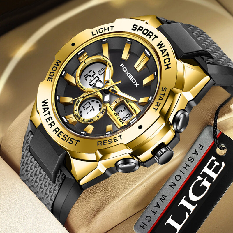 Часы наручные LIGE мужские с двойным дисплеем, модные деловые спортивные водонепроницаемые цифровые брендовые Роскошные Кварцевые