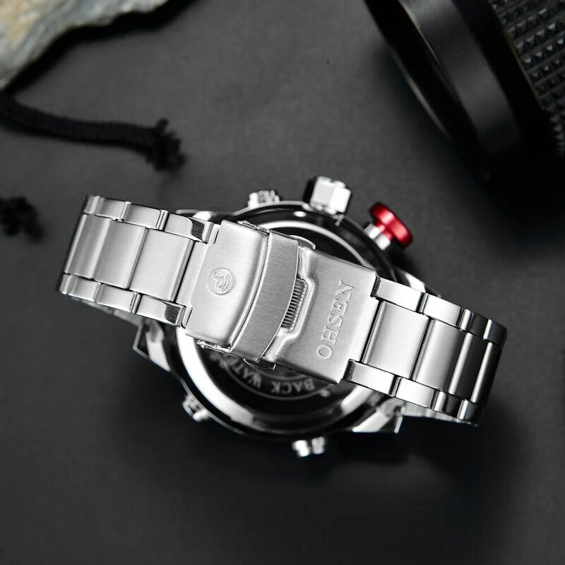 OHSEN – montres numériques à Quartz pour hommes, bracelet en acier blanc, Sport, LED, style militaire décontracté